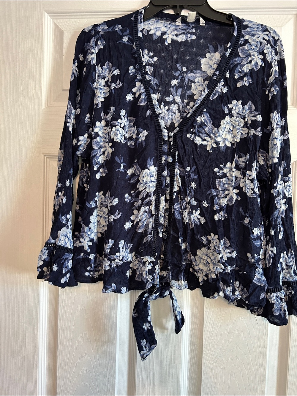 American Eagle Outfitters Navy Blue Floral Tie-Front Blouse